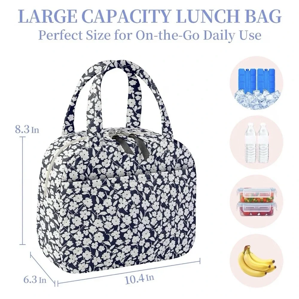 Women's Reusable Insulated Lunch Tote Bag Navy Floral Cooler Work Office Travel